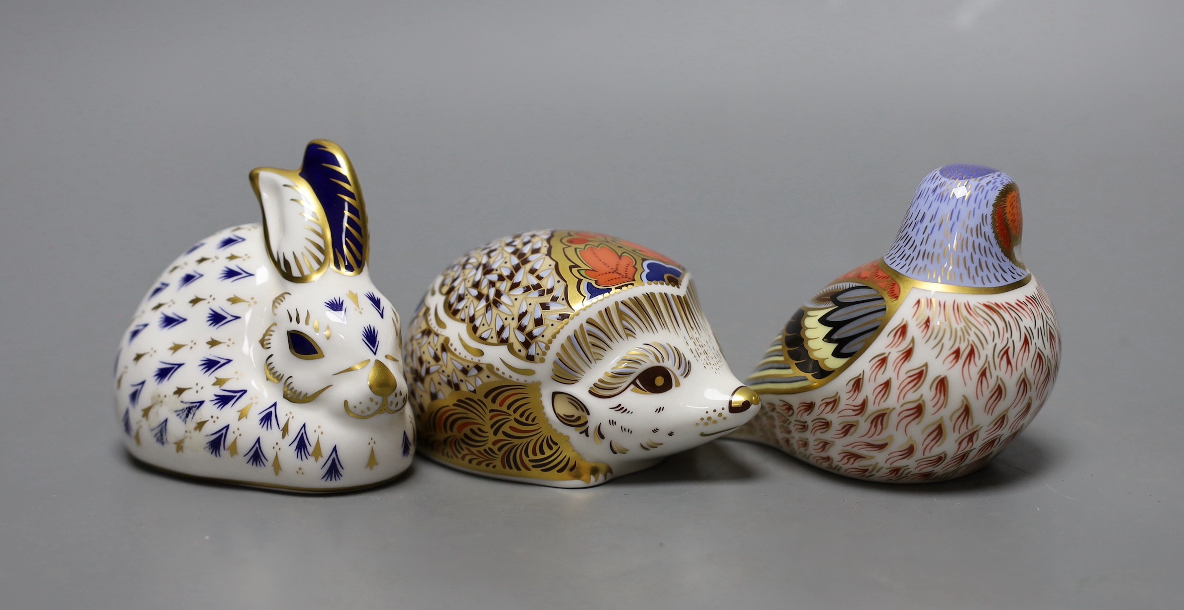 Three Royal Crown Derby paperweights - Limited edition P/W Rabbit, Chaffinch, and Hawthorn, gold stoppers, boxed, no certificates